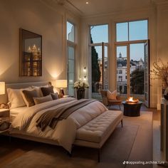 a large bed sitting next to two windows in a bedroom