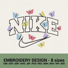 the nike logo with butterflies on it is featured in this ad for embroidery design - 8 sizes