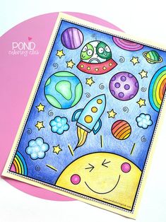 a card with an image of a cartoon space ship and planets on it, in front of a pink background