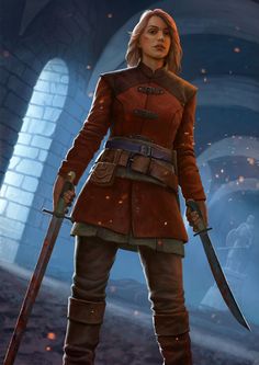 a woman in red is holding two swords