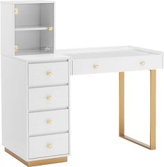 a white desk with gold trimmings on the top and bottom drawers, in front of a white background