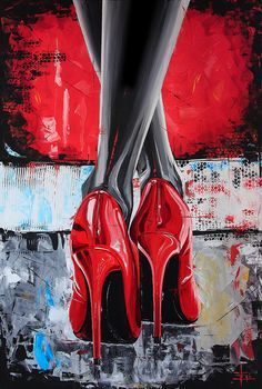 a painting of a pair of red high heeled shoes on a black and white background