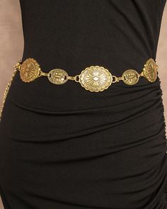 Details: Golden belt with round-shape decorations design Golden Belt Outfit, Belts Aesthetic, Golden Accessories, Golden Belt, Festival Belt, Gold Belt, Gold Belts, Waist Beads, Pretty Jewelry