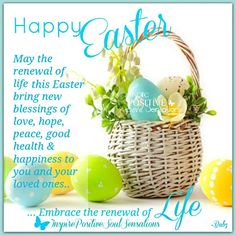 an easter card with eggs and flowers in a basket