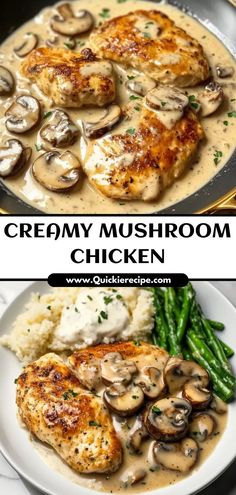 chicken with mushrooms and mashed potatoes in a creamy mushroom sauce