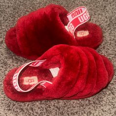 Size 7, Like Brand New Red Flat Slippers For Spring, Casual Red Slippers With Closed Toe, Red Casual Closed Toe Slippers, Red Flat Slippers With Cushioned Footbed, Red Closed Toe Casual Slippers, Comfortable Red Slippers For Spring, Casual Red Closed Toe Slippers, Comfortable Red Open Toe Slippers, Red Round Toe Slippers For Winter