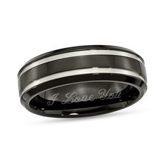 men's wedding band in black and white gold with an inscription engraved on the side