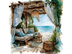 a watercolor painting of a beach scene with a couch and coffee table on the sand