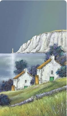 Easy Landscape Paintings, Whimsical Art Paintings, White Cliffs, Watercolor Paintings Nature, Nature Art Drawings, Barn Painting, Dreamy Artwork, Landscape Art Painting, Sea Painting