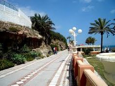 the walkway is lined with palm trees and white balls on top of each other in front of an ocean view