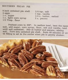 a pecan pie on a white plate with a recipe written in the bottom right corner