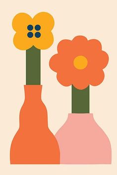 two orange and pink vases with flowers in them on a beige background, one has a yellow flower sticking out of it