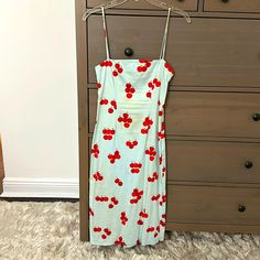 Vintage Moschino Light Blue Cherry Print Bodycon Knee Length Dress Size 4. Purchased In The Mid 90’s This Dress Is Iconic And Still Fits Like A Glove. Some Discoloration In Center Front (Slight Yellowing From So Many Years) But It’s Honestly Very Hard To See. Amazing For Any Collector. Sleeveless Cherry Print Party Dress, Retro Sleeveless Cherry Print Dresses, Mid 90/, Moschino Vintage, Vintage Moschino, Moschino Dress, Blue Cherry, Printed Bodycon Dress, Cherry Print