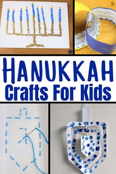 several pictures with the words hanukkah crafts for kids in blue and white