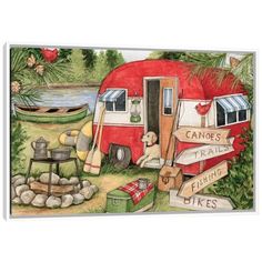 a painting of a camper trailer parked next to a lake with canoes and signs pointing in different directions