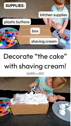 two pictures showing how to decorate the cake with shaving cream and then put it in a box