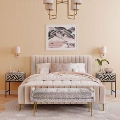 a bedroom with an upholstered bed, two nightstands and a painting on the wall