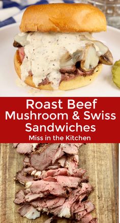 roast beef, mushroom and swiss sandwiches on a wooden cutting board