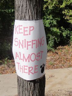 a sign on a tree that says keep sniffining almost there