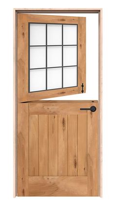 an open wooden door with glass panels