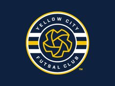 the yellow city logo on a dark blue background with stripes and an orange circle in the center