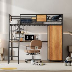 a loft bed with a desk and chair in the corner, next to a teddy bear