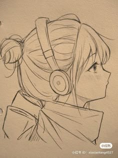 a drawing of a girl with headphones on