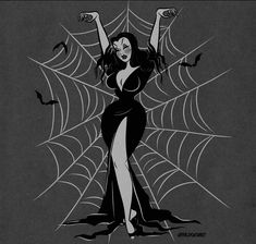 a black and white drawing of a woman in a spider web costume