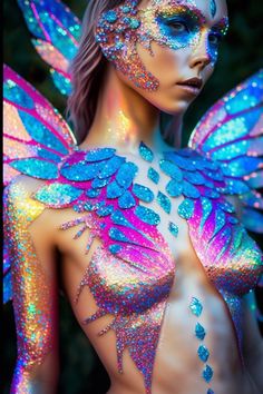 Neon Fairy Costume, Nature Rave Outfit, Alebrije Costume, Neon Fairy, Glitter Body Art, Space Fairy, Magical Monster, Fairy Glitter, Female Body Paintings