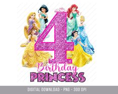 the number four princess birthday shirt design is shown in pink and yellow, with an image of