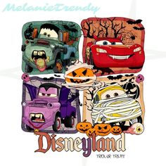 the cars are all different colors and sizes in this cartoon character poster, which features characters from disney and pixama