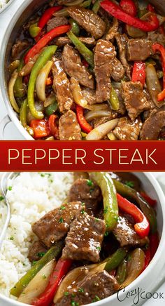 beef and peppers are served in a white bowl with rice on the side for an easy dinner or appetizer