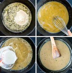 four pictures showing how to make cheese sauce in a skillet