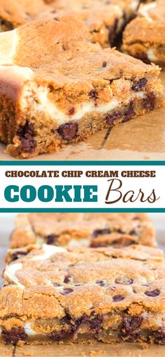 chocolate chip cream cheese cookie bars are stacked on top of each other with the words, chocolate chip cream cheese bars