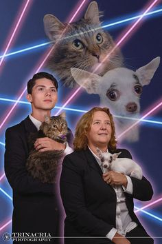 two people are holding cats and dogs in front of an image of a dog and cat