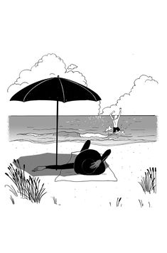 a black and white drawing of a person laying in the sand under an umbrella at the beach