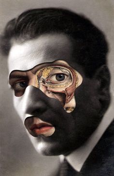 a man's face is covered in an image of a human head and eye