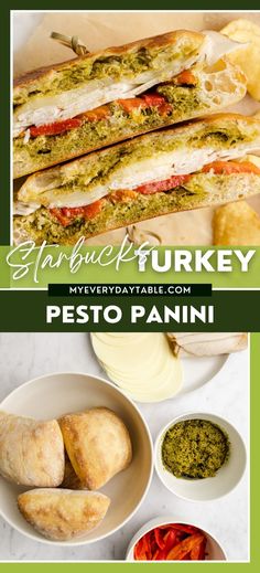 the recipe for pesto panini is shown in green and white, with text overlay