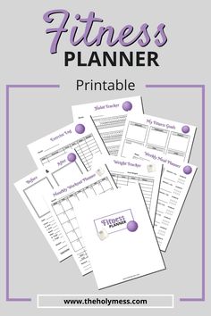 the printable fitness planner is shown in purple and white with text that reads,