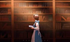 a girl reading in front of a bookshelf