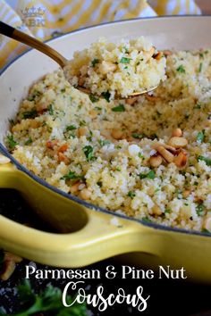 parmesan and pine nut couscous in a yellow pan