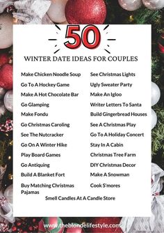 the 50 winter date ideas for couples are on display in front of a christmas tree