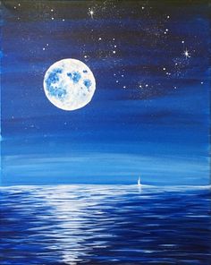 a painting of a full moon over the ocean