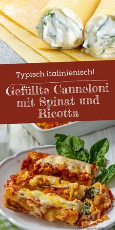 spinach and ricotta stuffed shells on a white plate with text overlay that reads, try italian trinifice garlictti cannoi mit spinach and ricotta