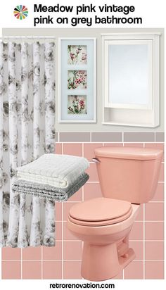 a bathroom with pink and white decor on the walls