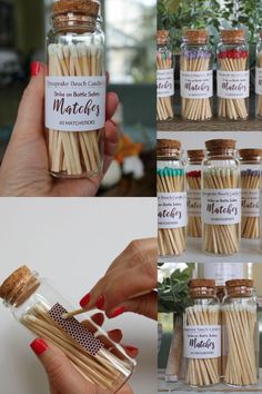 there are several pictures of matches in a glass jar and one is holding a bottle full of matches