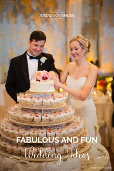 the bride and groom are cutting their wedding cake at the reception table with cupcakes in front of them