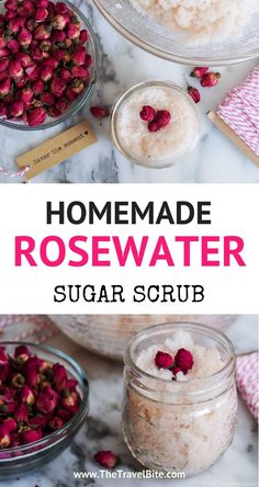 An easy DIY homemade Rose Water Sugar Scrub -http://thetravelbite.com Scrubs Diy, Homemade Rose Water, Coconut Oil Body Scrub, Homemade Spa, Homemade Bath