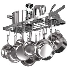 a rack with pots and pans hanging from it