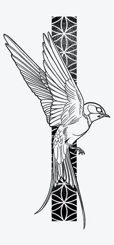 a black and white drawing of a bird on a pole with its wings spread out